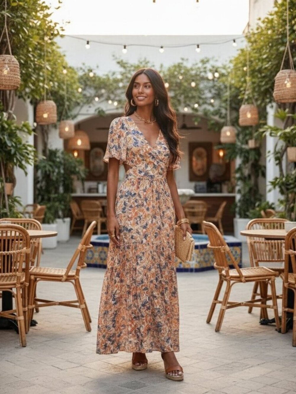 ASTR SEDONA FLORAL BACK CUTOUT MAXI DRESS BLUE CORAL FLORAL Size Small NWT